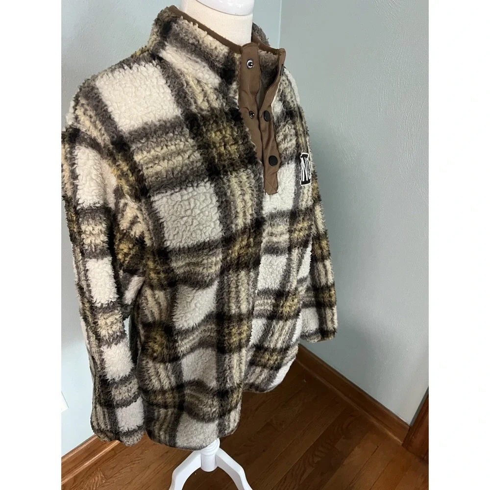 Home Free Plaid Sherpa Fleece Lined Pullover‎ Sweater Quarter Button Up NC Sz L